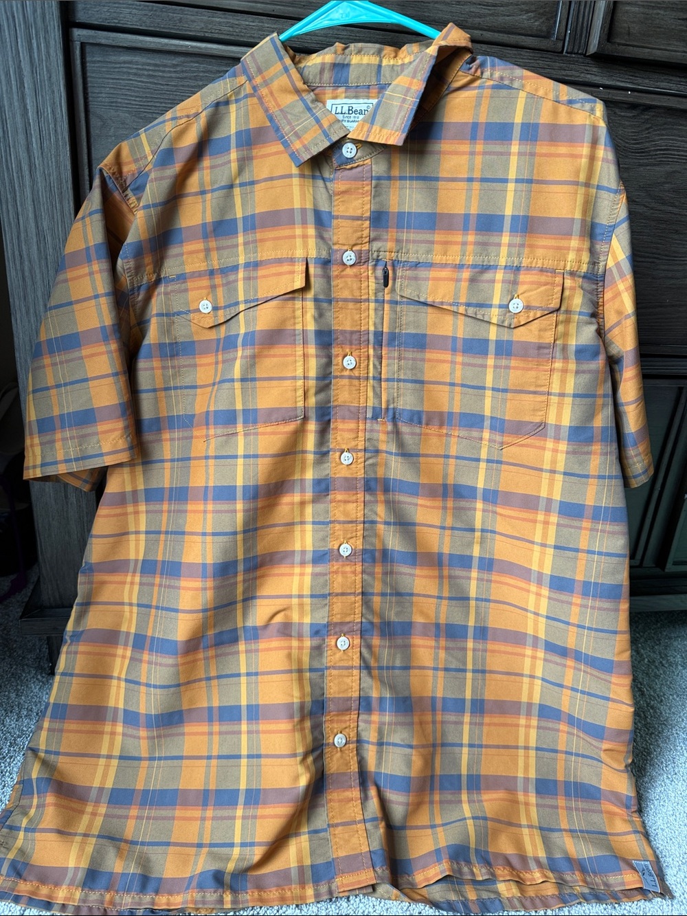 L.L. Bean Men's Orange and Blue Plaid Short-Sleeve Button-Down Shirt